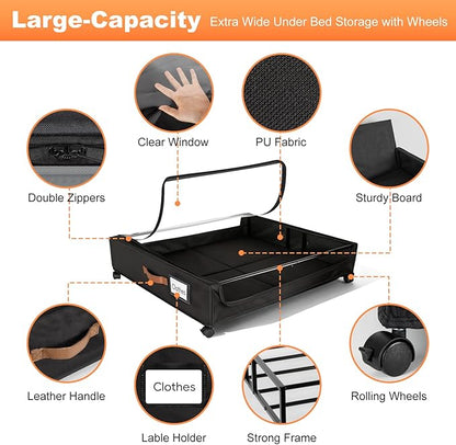 80L Larger Under Bed Storage with Wheels, 2-Pack XXL Underbed Shoe Storage with Clear Lid, Easy Pull-out Rolling Under Bed Storage Containers, Underbed Storage Bins for Clothes, Shoes, Black