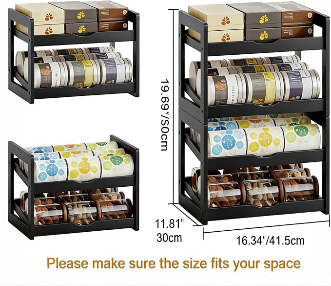BAMBANG Can Organizer for Pantry, Detachable Bamboo 4 Tier Stackable Can Storage Rack, Rolling Soda Can Dispenser Can Holders for Cabinet, Holds Up to 48 Cans, Black