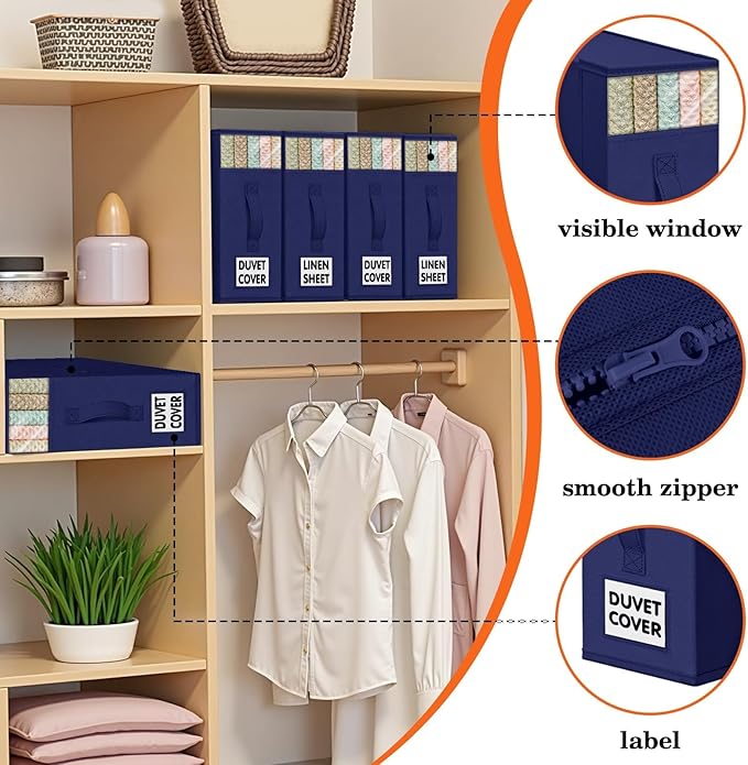 WOWBOX Sheet Organizers and Storage,Closet Bed Sheet Organizer Under Bed Storage and Organization with Label Cards & Clear Window for Bedding Sheets,Duvet Covers,Blankets (3 Pack，Blue)