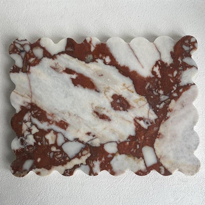 Natural Scalloped Marble Rectangular Tray, 10.8"x8", Decorative for Bathroom, Kitchen, Dresser (Calacatta Red)