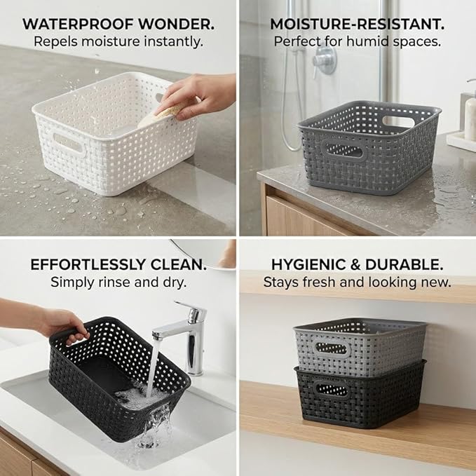 6 Pack Plastic Small Woven Storage Baskets, Black/White/Grey Assorted Organizer Shelf Weave Baskets for Home Organization, Pantry, Closet, Bathroom, Kitchen (10x7.5x4 in)