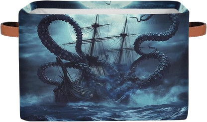 AUUXVA Storage Basket Ocean Kraken Nautical Pirate Ship Animal Octopus Storage Cube Box Durable Canvas Collapsible Toy Basket Organizer Bin with Handles for Shelf Closet Bedroom Home Office
