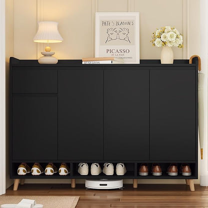 JIVOIT Shoe Cabinet with Adjustable Shelves, Drawer, Sleek and Contemporary Shoe Rack with Solid Wood Legs, Minimalist Home Organizer Storage Sideboard for Entryway, Living Room (Black,167)