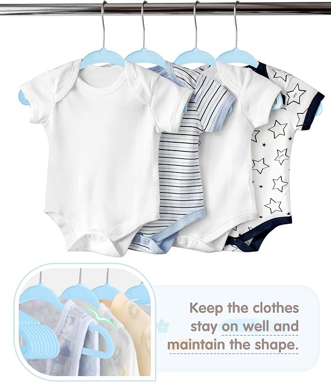 VIS'V Baby Hangers, 11 Inch Velvet Kids Hangers with 6 Pcs Clothes Size Dividers, Infant Toddler Nursery Closet Organization, Non Slip, Blue, 50 Pcs