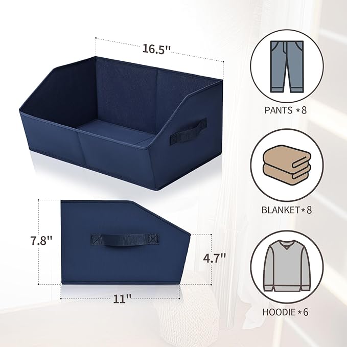 Homsorout Clothes Organizers and Storage - Fabric Storage Bins with Handles, Storage Baskets for Organizing, Trapezoid Storage Cubes for Blankets, Towels, Office, 6 Pack, Navy Blue