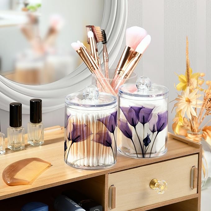 2 Pack Qtip Holder Dispenser for Cotton Ball Purple Tulip Lily Flower Swab Round Pads Clear Plastic Acrylic Jar Set Bathroom Canister