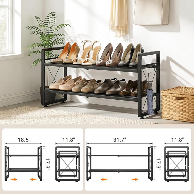 ELYKEN Shoe Rack, 2-Tier Expandable Shoe Organizer for Entryway, Metal Black Shoe Shelf with 4 Hooks, Ajustable Shoe Stand Holder for Closet, Garage, Door Entrance