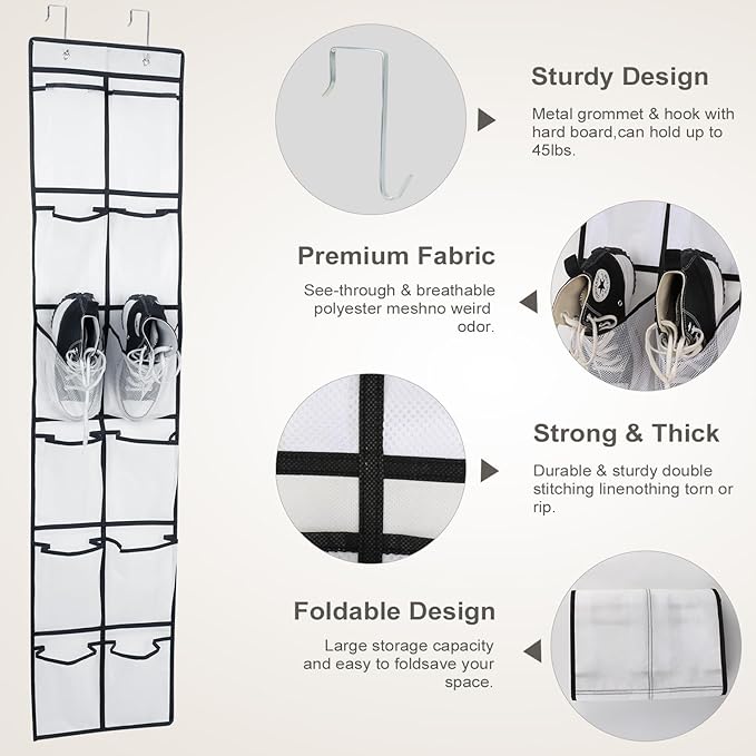 GOMAJI 12 Large Pockets Over Door Hanging Shoe Organizer, White