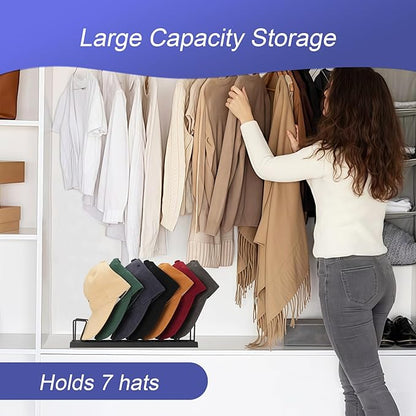 7-Cap Baseball Hat Organizer & Storage | Tabletop Metal Hat Rack Stand for Closet, Dresser, Vanity | Snap Assembly Cap Holder, Black Space-Saving