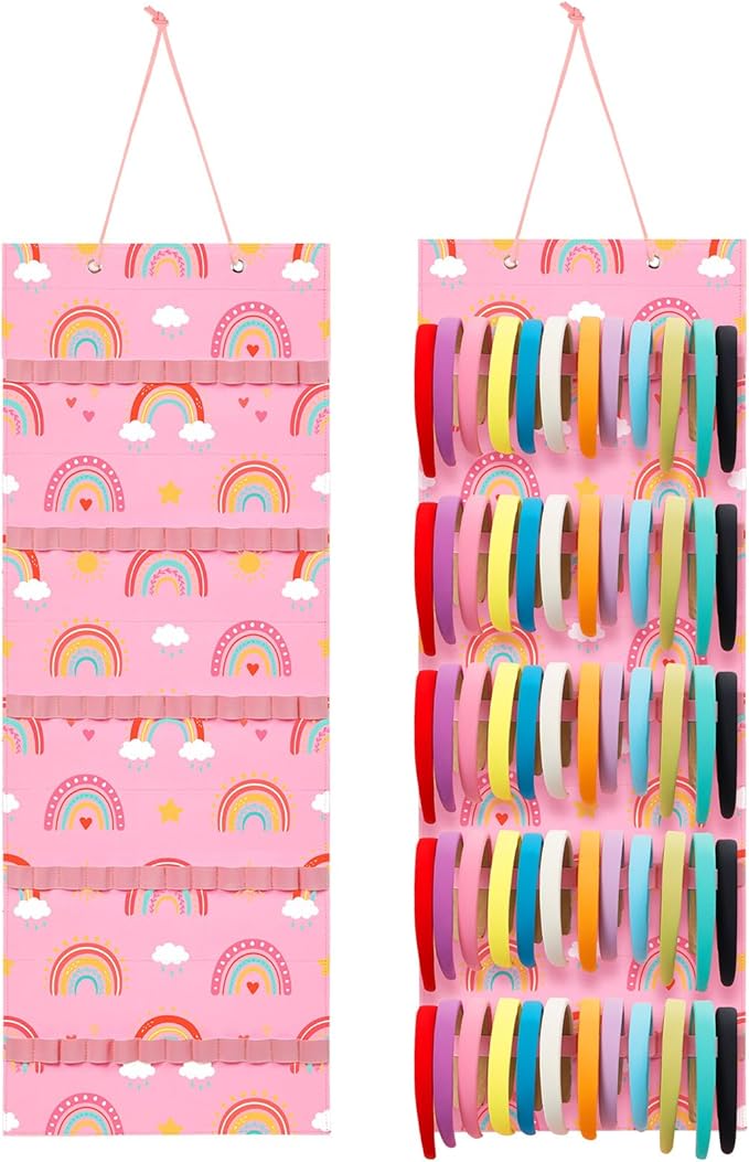 Tudomro Hanging Headband Holder for Girls Felt Hair Accessories Organizer with 60 Elastic Bands Bow Hanger for Girls Hair Bows Without Headbands(Pink,Rainbow)