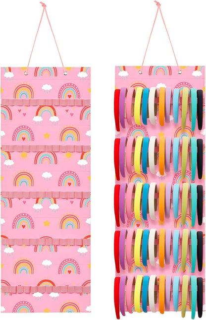 Tudomro Hanging Headband Holder for Girls Felt Hair Accessories Organizer with 60 Elastic Bands Bow Hanger for Girls Hair Bows Without Headbands(Pink,Rainbow)