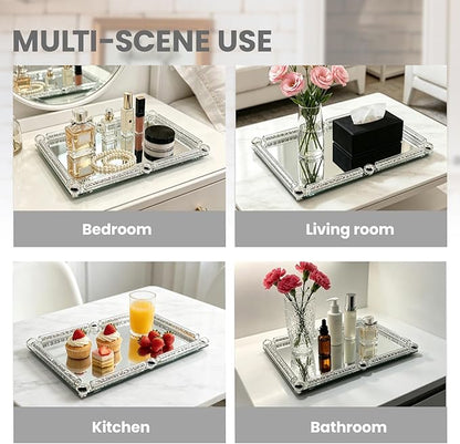 Crystal Glass Tray, 11.8" x 7.9" Crushed Diamond Silver Mirror Perfume Makeup Display Tray, Noble Jewelry Trinket Vanity Trays, Ornate Rectangular Cosmetics Dresser Decoration for Home Decor