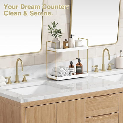 Forbena White and Gold Bathroom Counter Organizer, 2 Tier Makeup Vanity Organizer Countertop, Bathroom Sink Skincare Shelf Tray Organizers and Storage for Perfumes Lotions Kitchen Coffee Bar Decor