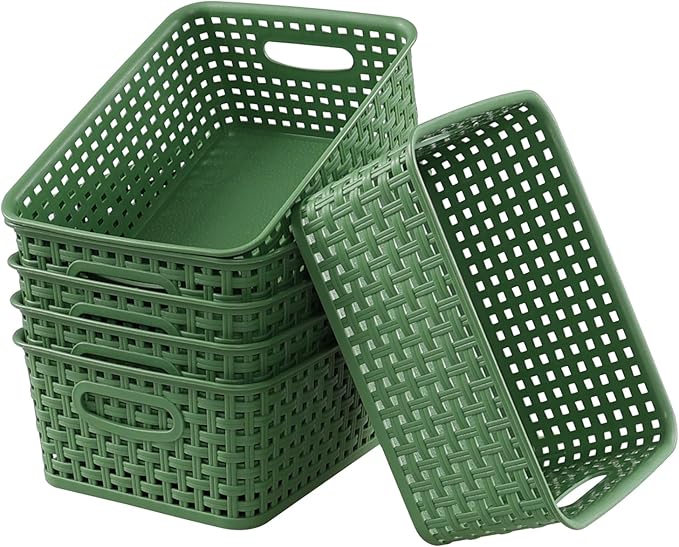 Sadstory Deep Green Plastic Woven Storage Basket, Plastic Shelf Basket, 6 Packs