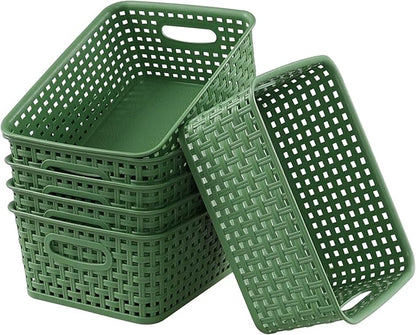 Sadstory Deep Green Plastic Woven Storage Basket, Plastic Shelf Basket, 6 Packs