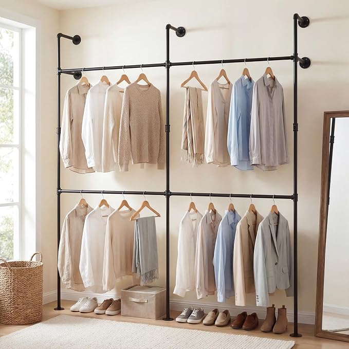 Giantex Industrial Pipe Clothing Rack, 79" Wall Mounted Heavy-Duty Metal Garment Organizer with 4 Hanging Rods, 2-Tier Walk-in Closet System for Wardrobe Closet, Retail Display