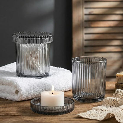 2 Pack Qtip Holder - Apothecary Jars with Lids, Bathroom Organizers and Storage Canister for Cotton Balls,Swabs,Floss Picks,Hair Ties,Clear Glass Vintage Bathroom Decor Jar Set (Gray)