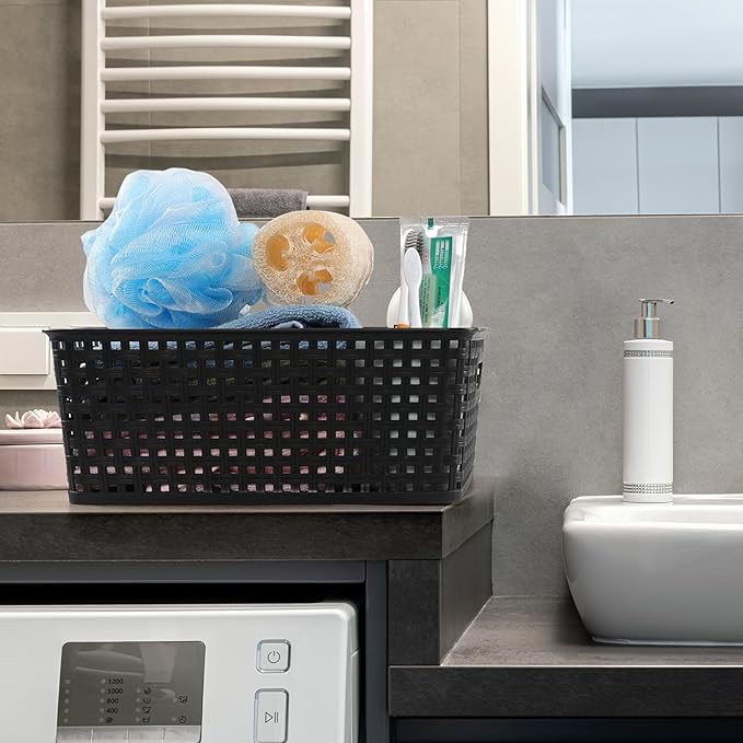 Plastic Weave Storage Baskets, Plastic Shelf Basket Bins, Black, 4 Packs