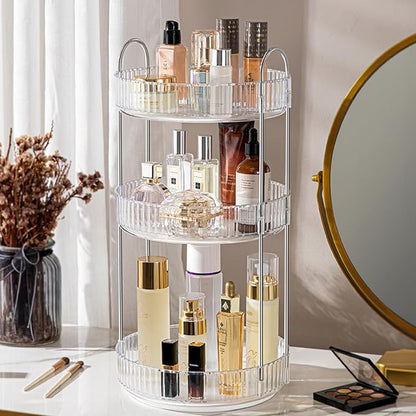 360 Rotating Makeup Organizer and Storage for Vanity Countertop 3 Tiers, High Capacity Cosmetic Skincare Perfume Organizers for Dresser Bathroom Lazy Susan