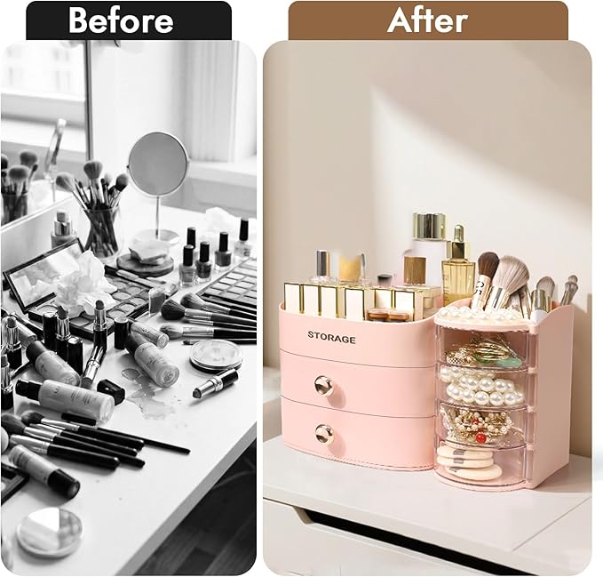 XIAPIA Makeup Organizer Countertop, Make Up Organizer for Vanity, Skincare & Cosmetic Organizers with Drawers, Bathroom Organizers Storage for Brush Holder|Lipstick|Jewelry, Ideal Gift for Women PINK