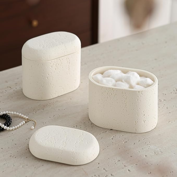Bathroom Qtip Holder Container, 2-Pack, Travertine Stone Look Storage Jars for Cotton Swabs, Jewelry, Floss Picks, Bathroom Essentials Decor Restroom Vanity Decor (White)