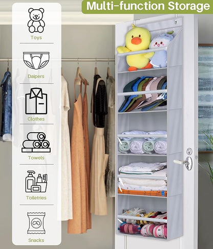 AOODA Over the Door Organizer, Large Capacity Closet Door Hanging Organizer, Clear Deep Pockets Baby Storage for Nursery, Bathroom, Bedroom, Pantry, Diapers (Grey)