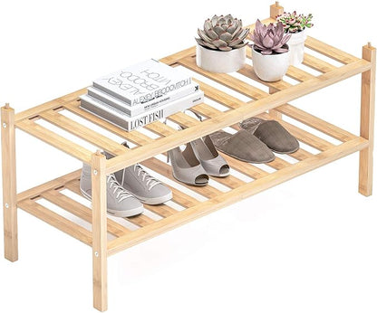 Dranixly Shoe Rack, 2-Tier Bamboo Stackable Shelf Storage Organizer, Stand for Closet, Entryway, Hallway, Bathroom and Living Room（Natural）