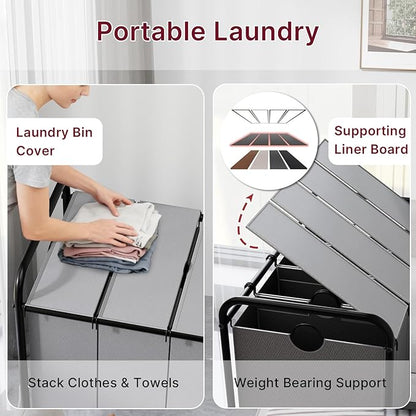 180L Laundry Sorter 4 Section – Heavy Duty Rolling Laundry Basket with Lockable Wheels and Lid, 4 Large Separate Removable Bags, Laundry Hamper Cart for Laundry Room Organizer (Grey)