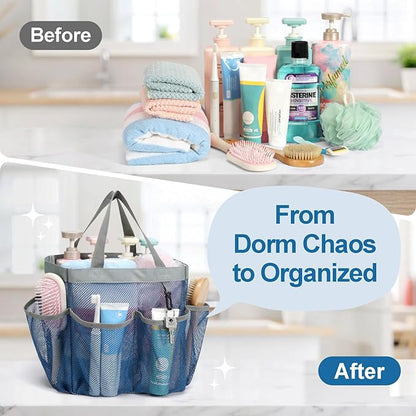 F-color Mesh Shower Caddy Portable - Navy Blue, Upgrade Deeper 7 Pockets Shower Bag Basket Tote for College Dorm Room Toiletry Bathroom Essentials Gym Camp Quick Dry 2 handles with S Hook