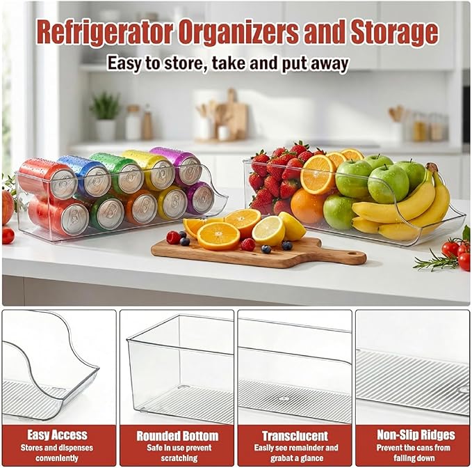Soda Can Organizer for Refrigerator, Clear Drink Organizer for Fridge and Pantry - Double Layer Rolling Soda Dispenser for Pop Cans and Beverages (2PC)