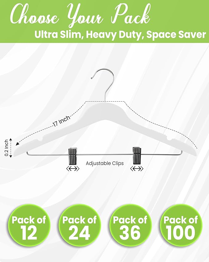 All Hung Up Hangers Slim Plastic Clothes Hangers with Clips, Space-Saving Design with Non-Slip Grip, Durable for Everyday Use, White, 12pcs