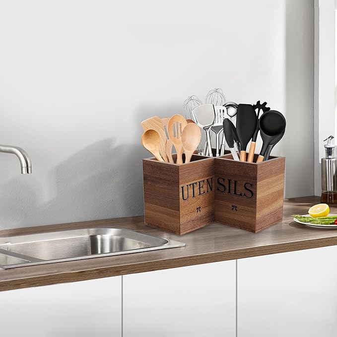 Suli Extra Large Kitchen Utensils Holder with 3 Compartments,Corner Utensil Caddy for Countertop,Acacia Wood Utensil Organizer for Kitchen Countertop, Farmhouse Decor-Acacia Brown