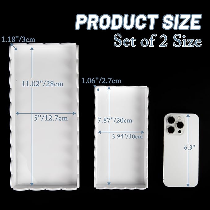 2 Pack Scalloped White Acrylic Bathroom Vanity Tray for Counter Clear Acrylic Trays for Organizing Perfume Sponge Soap Makeup Storage Holder Toilet Tray ( White ,Large: 11"L x 5"W + Middle: 8"L x 4"W)
