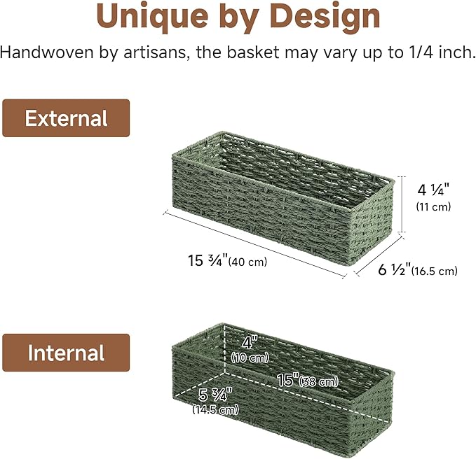 StorageWorks Sage Green Paper Rope Bathroom Basket Organizer and Storage for Tank Topper, Wicker Toilet Paper Basket for Back of Toilet Baskets, Small Narrow Tank Trays for Bathroom Decor, 2 Pack