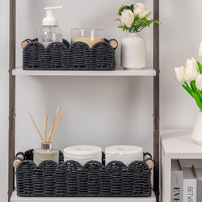 CubesLand Toilet Paper Storage Basket Scalloped Edge Home Decor Basket, Living Room Cozy Decor, Paper Rope Small Baskets for Over Toilet Storage Shelf, End Table, Shelves, with 2 Wooden Handles, Black