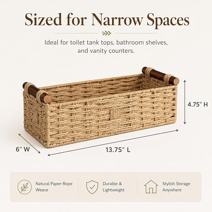 Woven Bathroom Basket with Wood Handles — Toilet Paper Storage Organizer, Back of Toilet Basket, Natural Wicker Basket for Tank Top, Countertop or Shelf