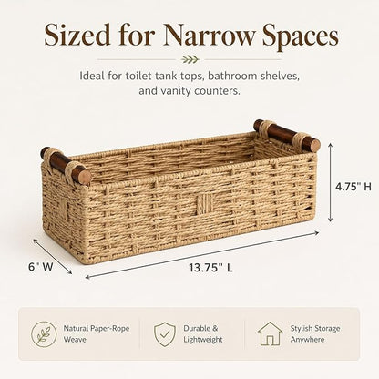 Woven Bathroom Basket with Wood Handles — Toilet Paper Storage Organizer, Back of Toilet Basket, Natural Wicker Basket for Tank Top, Countertop or Shelf