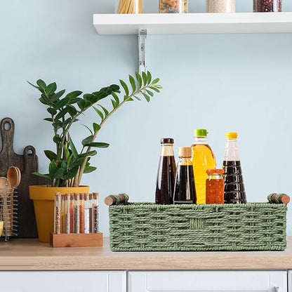 Round Paper Rope Storage Basket Wicker Baskets for Organizing with Handle Decorative Storage Bins for Countertop Toilet Paper Basket for Toilet Tank Top Small Baskets , Green
