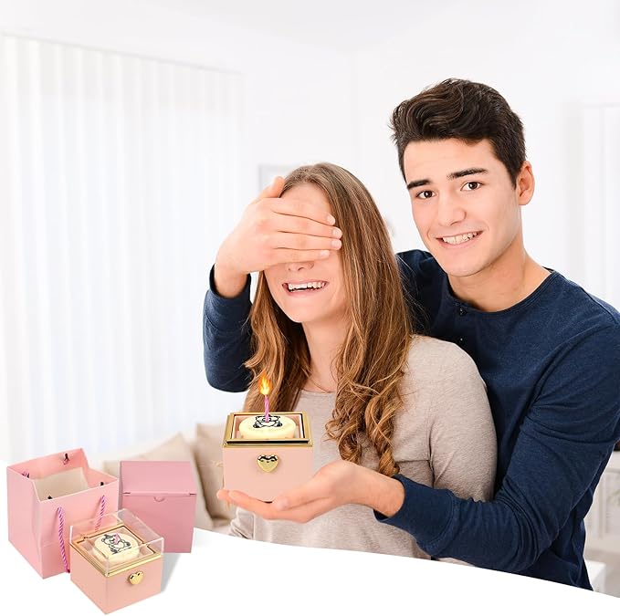 Rotating jewelry box, pop-up surprise gift box, romantic birthday surprise rotating necklace and ring box, Valentine's Day, birthday, anniversary, wedding gift (Pink)