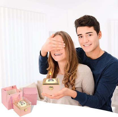 Rotating jewelry box, pop-up surprise gift box, romantic birthday surprise rotating necklace and ring box, Valentine's Day, birthday, anniversary, wedding gift (Pink)