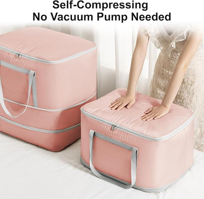 Comforter Storage Bag - 120L Bedding Storage Bags for Moving Closet, Washable Blanket Storage Bag, Ultra Space Saving Self Compression Organizer, 4-Pack, Pink