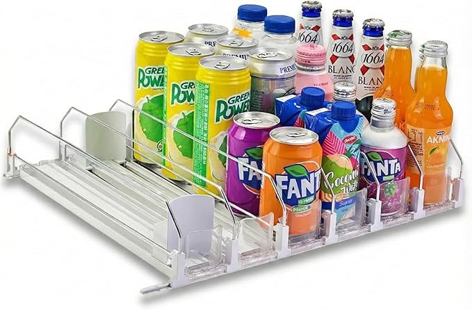 Soda Can Organizer with Automatic Can Pusher | Refrigerator Drink Organizer | Beverage Dispenser for Soda, Cans and Bottles | Space-Saving | Stainless Steel | Adjustable Sizes | 6 Rows