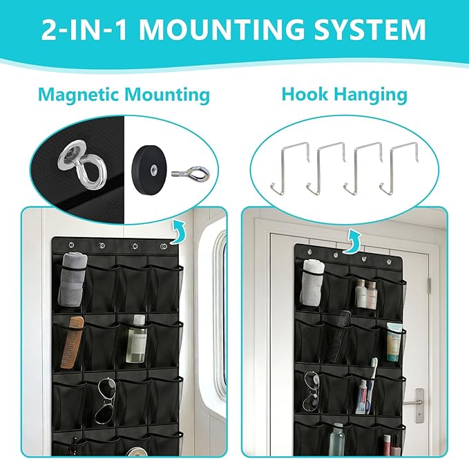 Esoes Cruise Ship Magnetic Door Organizer, 24 Pockets Magnetic Behind the Door Shoe Rack-4 Strong Anti-Scratch Magnets, Over the Door Organizer Cruise Essentials Storage for Cruise Cabin Travel