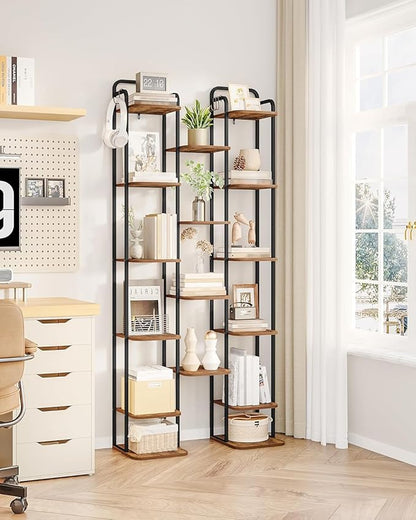 Hzuaneri 10 Tiers Vertical Shoe Rack, Narrow Shoe Tower, Tall Shoes Shelf with 2 Hooks, Adjustable Shelves, Corner Shoes Shelves for Small Spaces, Entryway, Living Room, Rustic Brown SR11201B