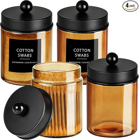Amolliar Bronze Glass Apothecary Jar, Qtip Holder Metal Lid & Stickers, Bathroom Qtip Dispenser Storage Canister, Perfect for Cotton Balls, Cotton Swabs, Makeup Pads, Bath Salt, Floss, 4 Pack (Black)