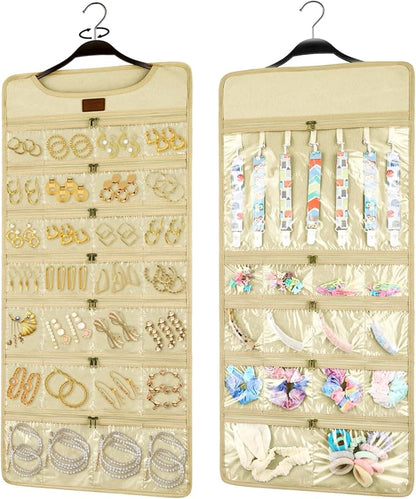 SMRITI Hanging Jewelry Organizer with Dual Zippered Pockets Canvas Double Sided Rotating Hanger Necklace Hanging Wall Organizer Earring Dustproof Holder Wall Mount Accessories Display Bag(Beige)