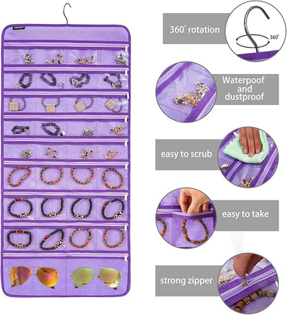 Dual-sided Hanging Jewelry Organizer Necklace Holder Jewelries Storage with 34 Zippered Pockets and 14 Dustproof Hook Loops (PURPLE)