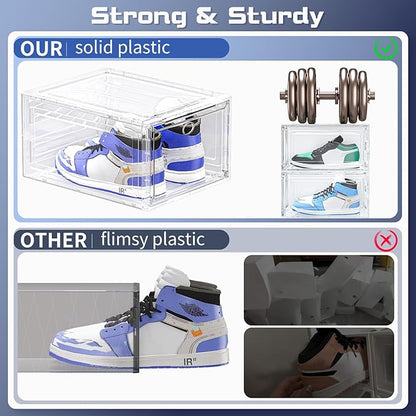 Shoe Storage Box, 9 Pcs Shoe Box Clear Plastic Stackable, Sturdy Foldable Shoe Organizer Containers with Magnetic Door for Women/Men, White