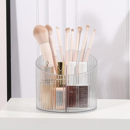 DASITON 3 Slots Makeup Brush Holder, Acrylic Makeup Brush Cup, Vintage Striped Make Up Brush Holder for Vanity Decor, Bathroom Countertops, Desk Storage Container, Cosmetic Display Cases (Clear)
