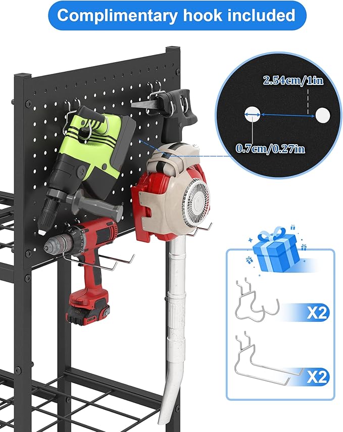Garden Tool Organizer with Pegboard, Yard Tool Holder Standing for Garage Organization, Up to 30 Long-Handled/10 D-Handled Tools/Rake/Broom/Shovel/, with Side Storage Pocket